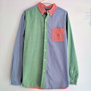 Vintage Y2K Chaps Men's Button Down Shirt Striped Color Block Funky Top Size L